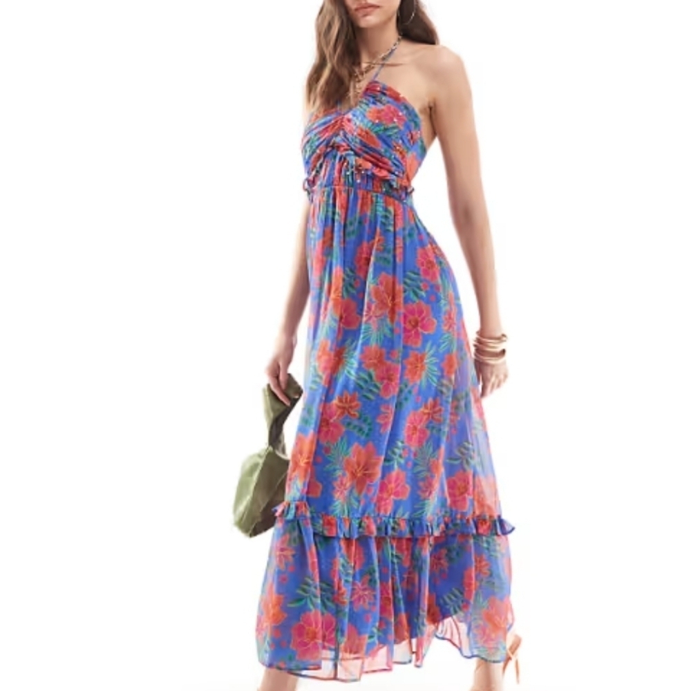 Anaya Tropical Floral Halter Ruffle Dress 8 NWT